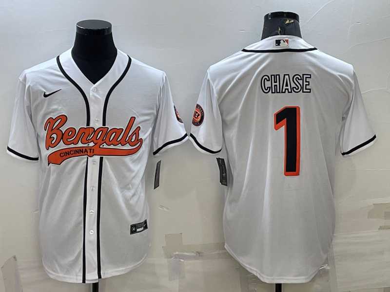 Mens Cincinnati Bengals #1 JaMarr Chase White With Patch Cool Base Stitched Baseball Jersey->cincinnati bengals->NFL Jersey
